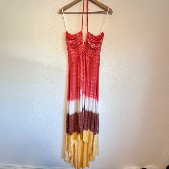 Dresses | Nwt Sky Clothing Large Maxi Dress Braided Halter Tie Dye Coral  Brown Yellow | Poshmark